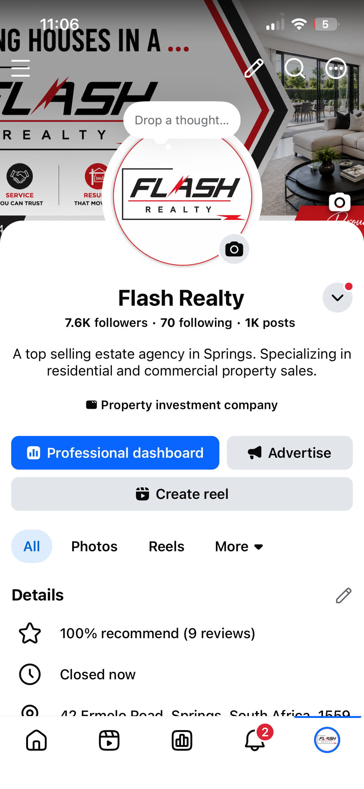 Flash Realty Facebook page displayed on a cellphone