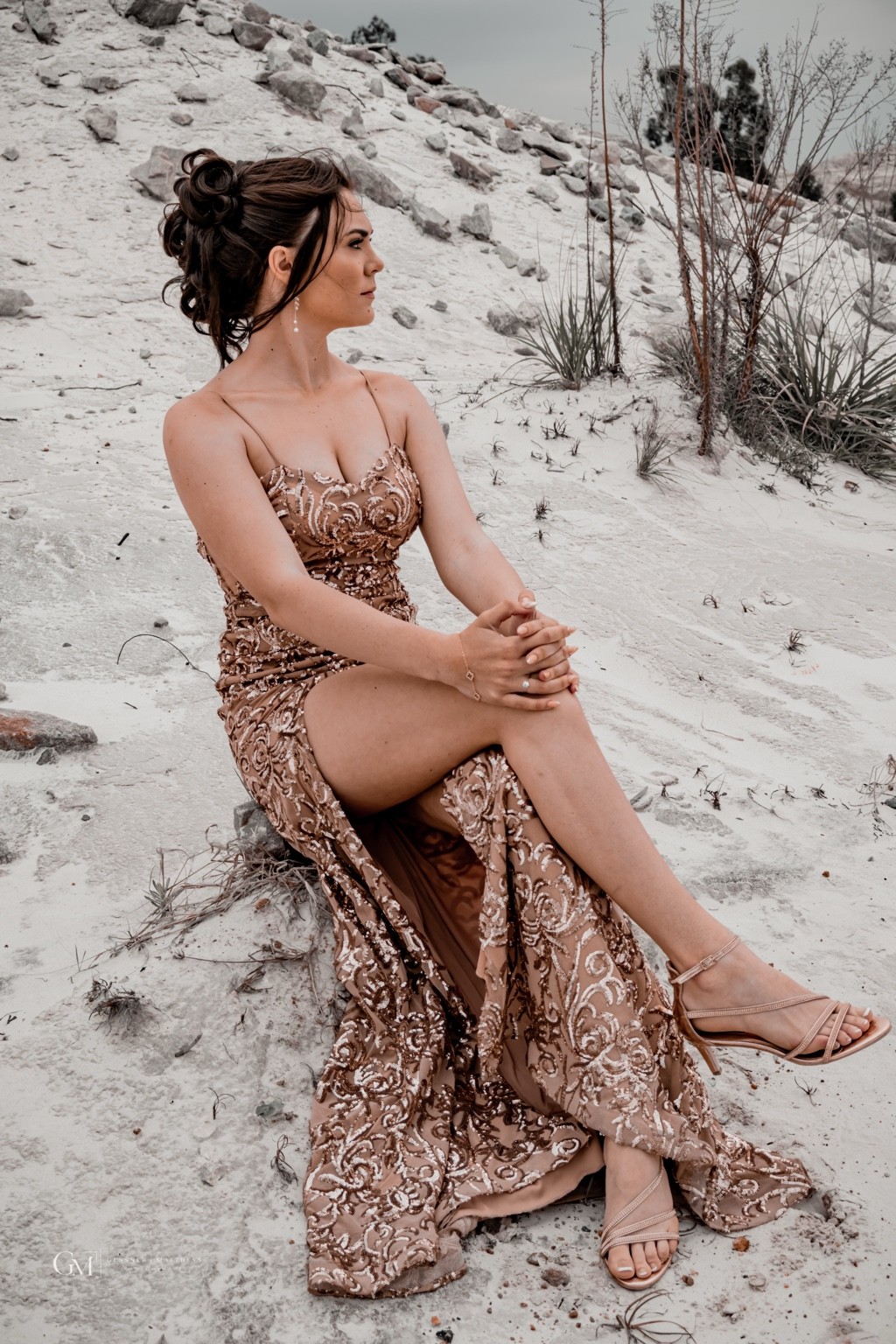 Seated matric farewell portrait in a champagne dress