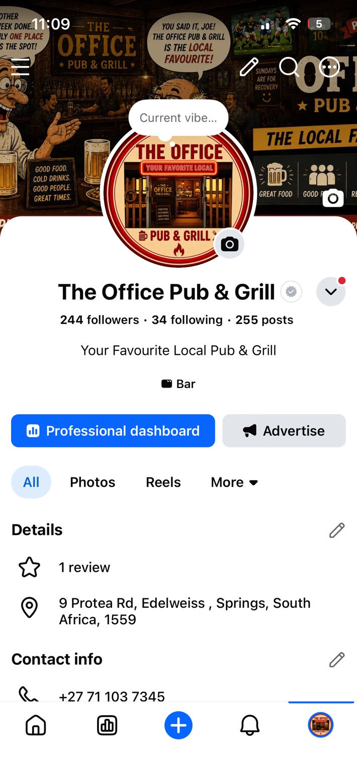 The Office Pub & Grill Facebook page displayed on a cellphone