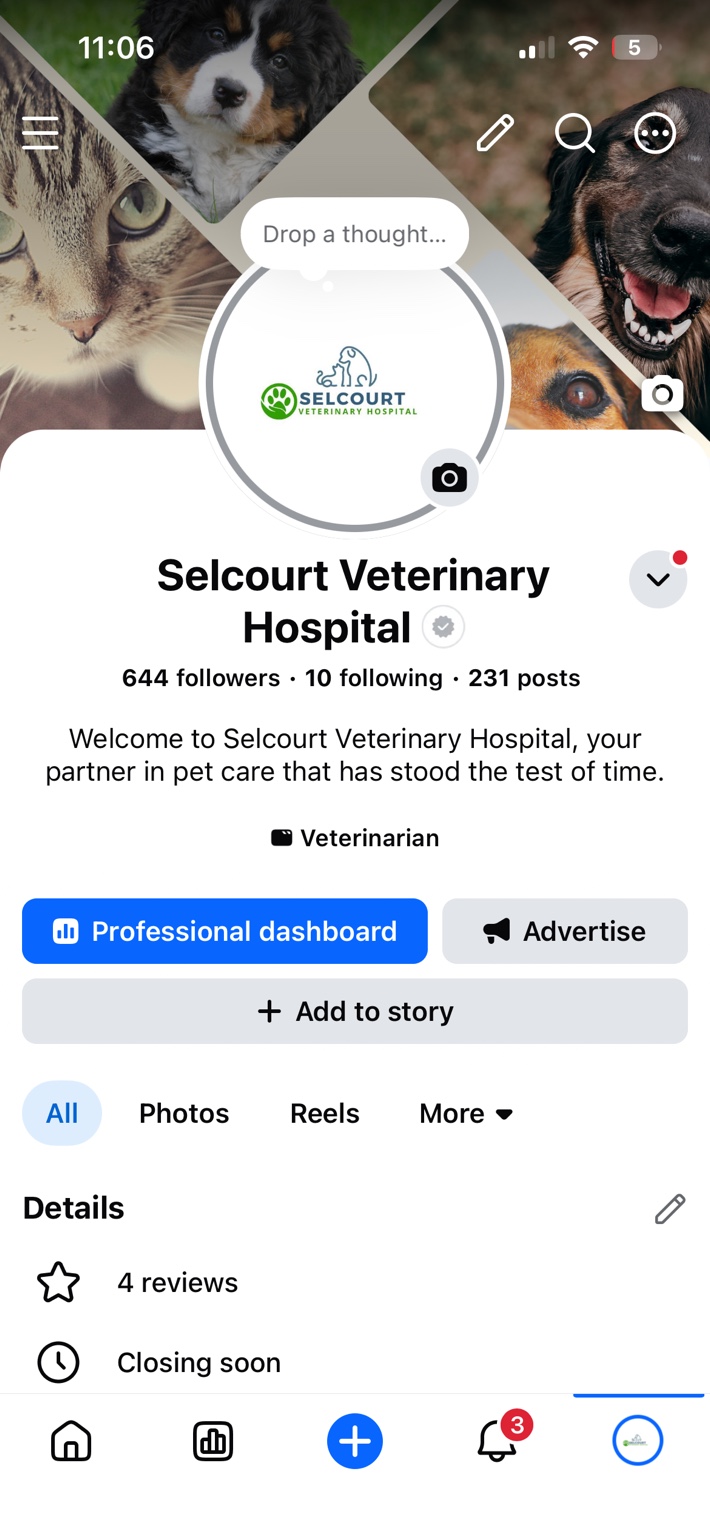 Selcourt Veterinary Hospital Facebook page displayed on a cellphone